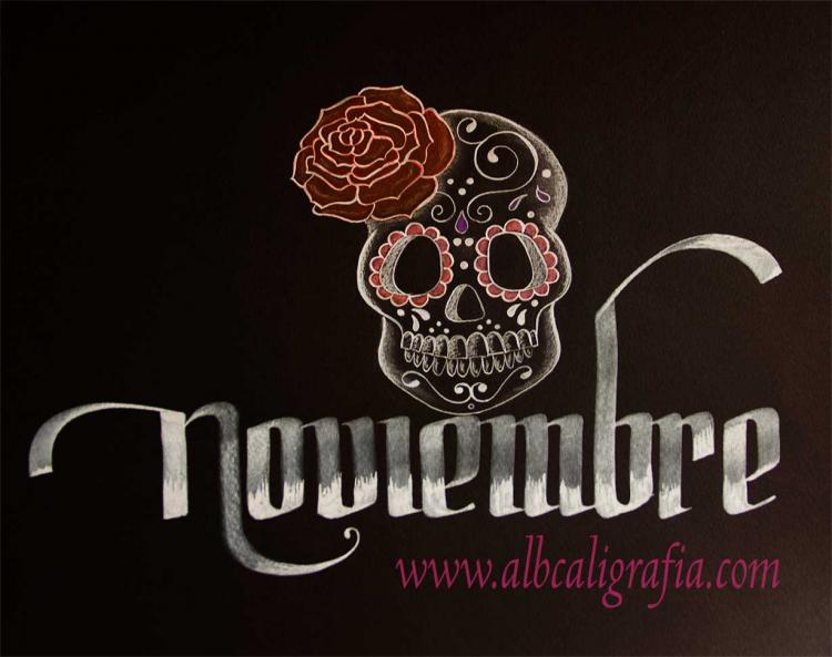 Palabra noviembre decorada con una calavera típica de la celebración del día de muertos.