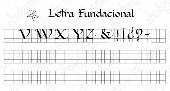 Plantilla para practicar caligrafía de letra fundacional mayúsculas de la V a la Z