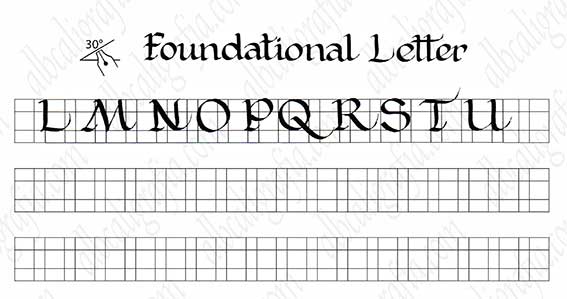 Plantilla para practicar caligrafía de letra fundacional mayúsculas de la letra L a la U