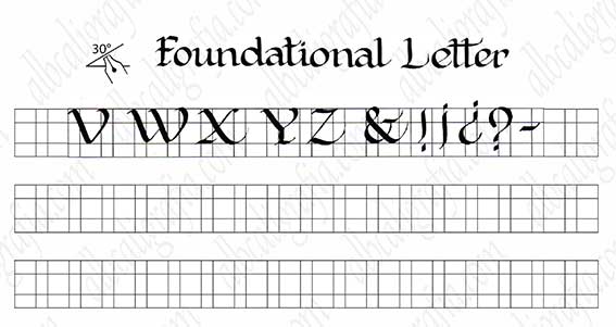 Plantilla para practicar caligrafía de letra fundacional mayúsculas de la letra V a la Z