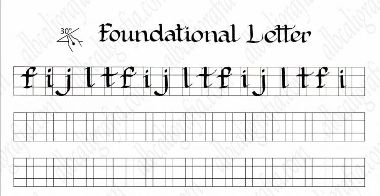 Plantilla para practicar caligrafía de letra fundacional minúsculas alrgadas