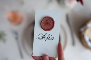 Medallón color canela con el diseño de una flor, puesto sobre una tarjeta con el nombre de Sofía escrito en caligrafía 